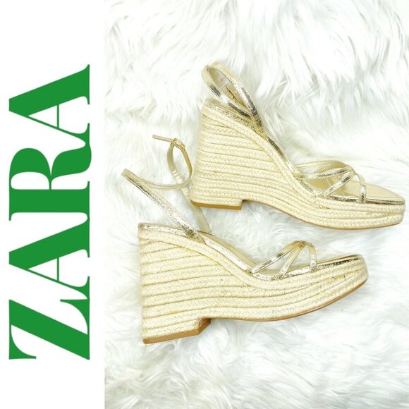 ZARA Gold Strappy Stacked Platform Wedge Open Toe Summer Sandal, Size 40 - Picture 11 of 11
